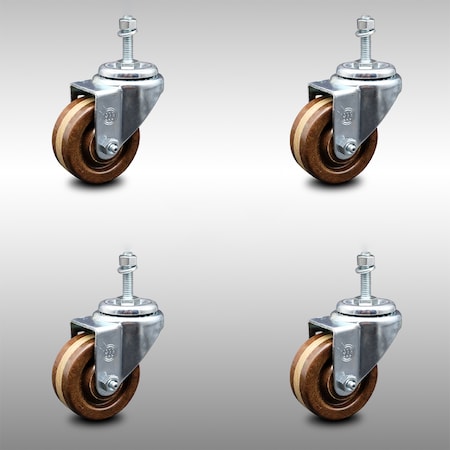 Service Caster 3 Inch SS High Temp Phenolic Wheel Swivel 10mm Threaded Stem Caster Set SCC SCC-SSTS20S314-PHSHT-M1015-4